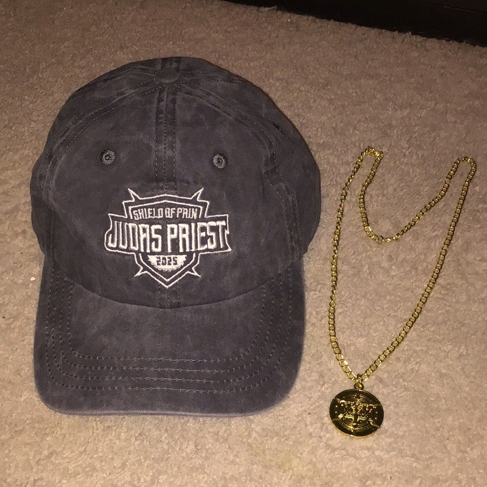 Black 'Shield of Pain' Embroidered Judas Priests Baseball Cap and pendant chain